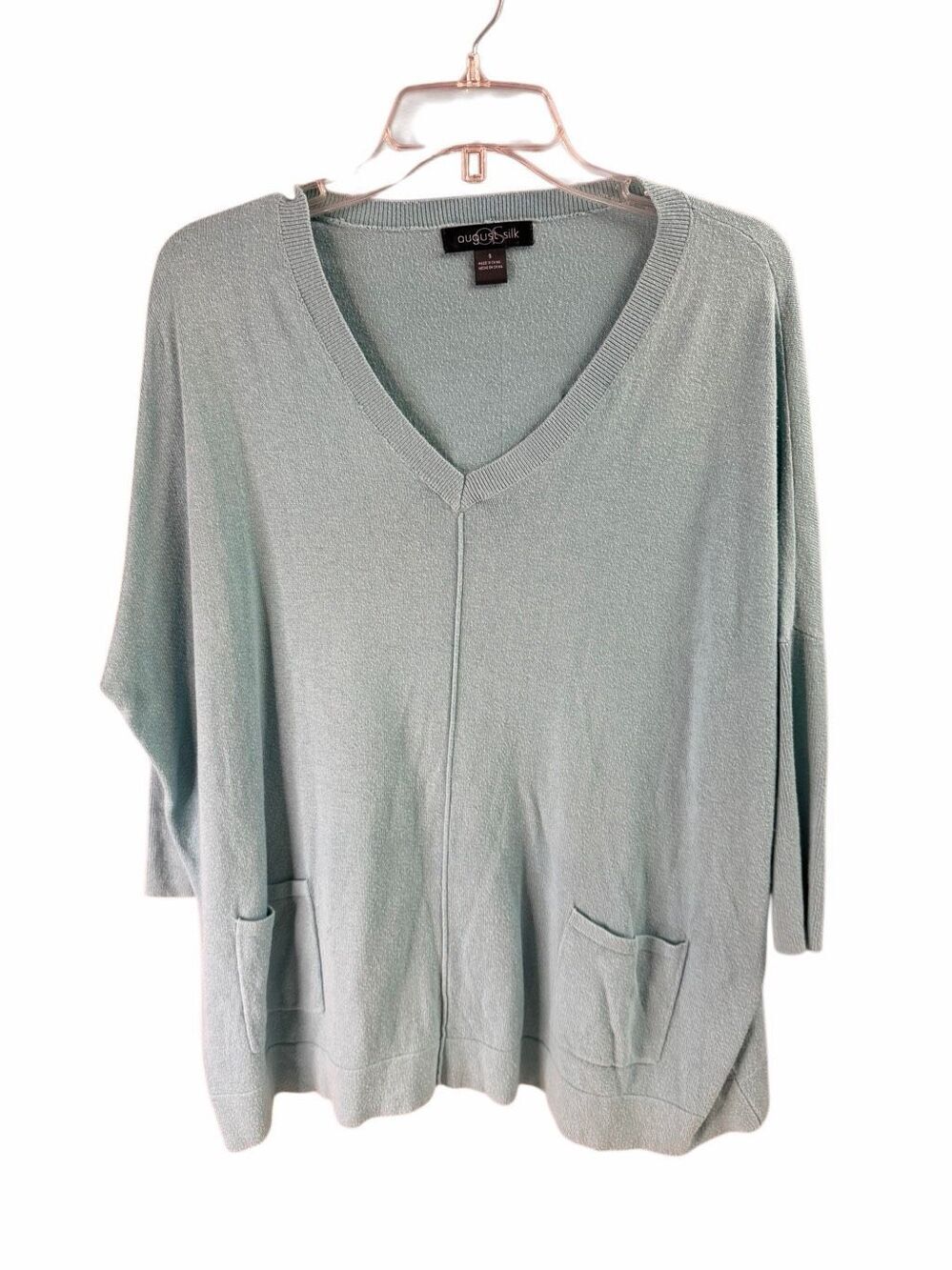 August Silk Small V-Neck Pullover Sweater Mint Green Front Pockets Soft Knit